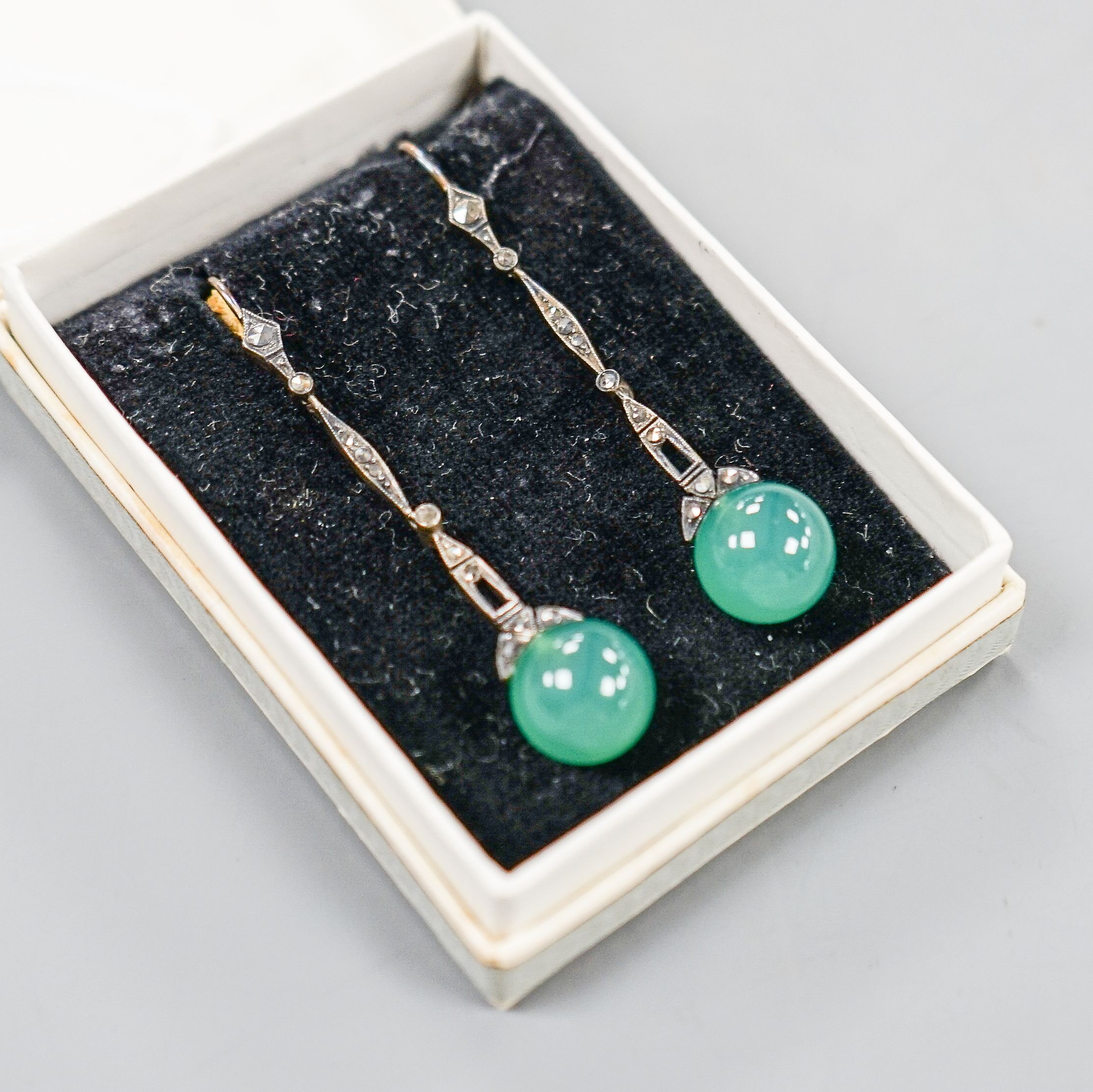 A pair of 1920's/1930's white metal, chrysoprase and marcasite set drop earrings, 52mm.